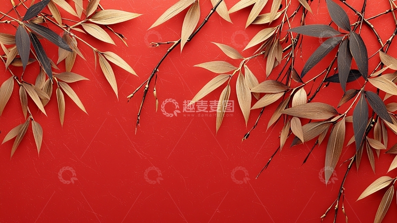 高清大图下载【趣麦麦图】红底金黑树叶背景