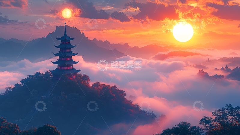 高清大图下载【趣麦麦图】日出云海佛塔