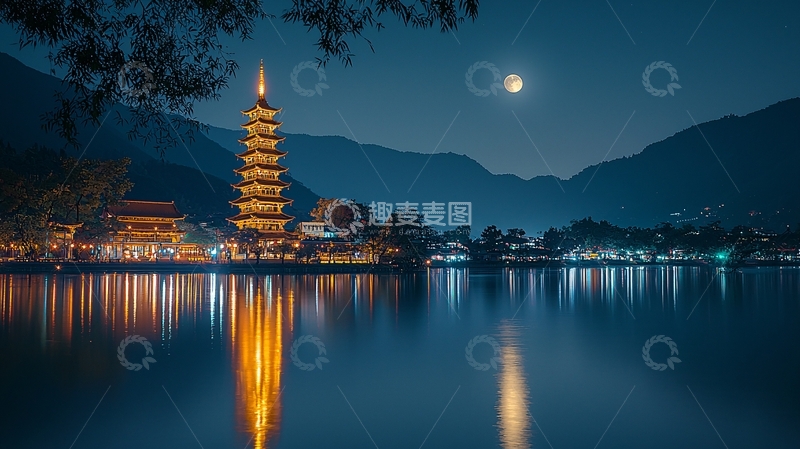 高清大图下载【趣麦麦图】夜晚湖边古塔