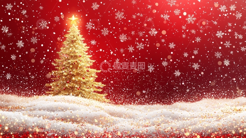 高清大图下载【趣麦麦图】红底金圣诞树雪景