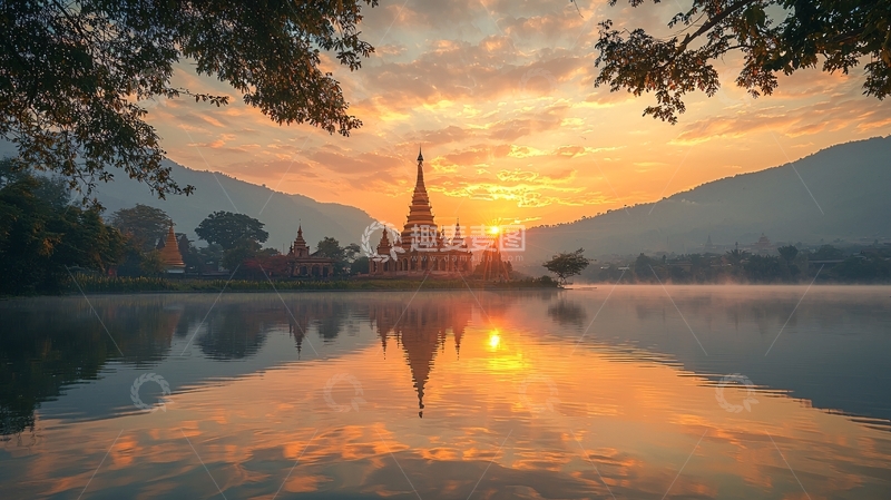 高清大图下载【趣麦麦图】清晨湖畔佛塔日出