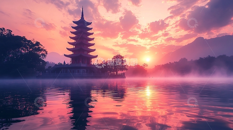 高清大图下载【趣麦麦图】日落下的佛塔