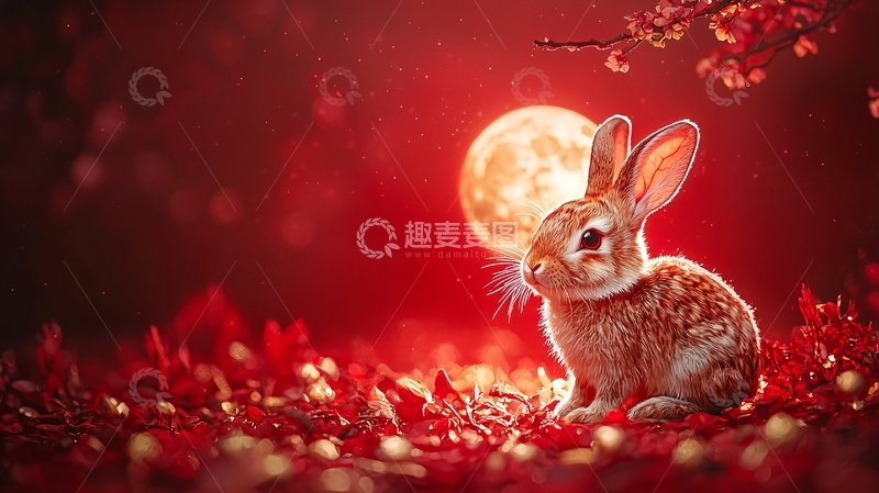 高清大图下载【趣麦麦图】红月下的可爱小兔子