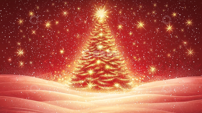 高清大图下载【趣麦麦图】红底金光闪闪圣诞树