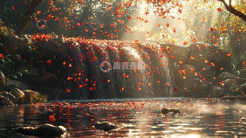 高清大图下载【趣麦麦图】秋日瀑布红叶