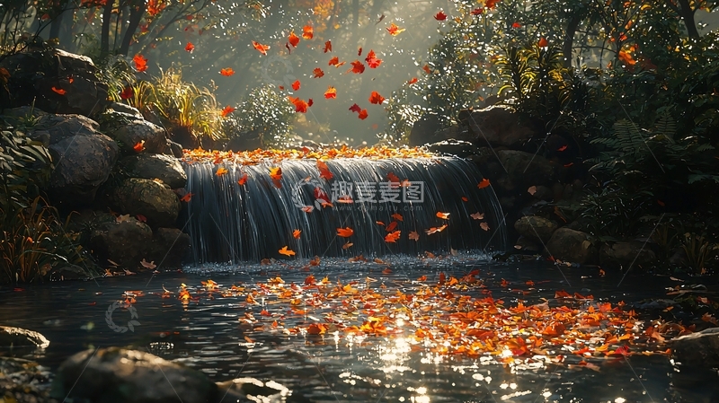 高清大图下载【趣麦麦图】秋叶飘落的小瀑布