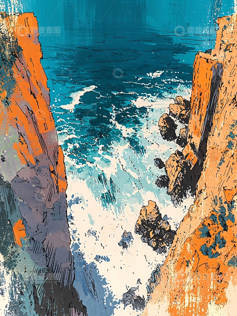 高清大图下载【趣麦麦图】海浪拍打岩石峭壁
