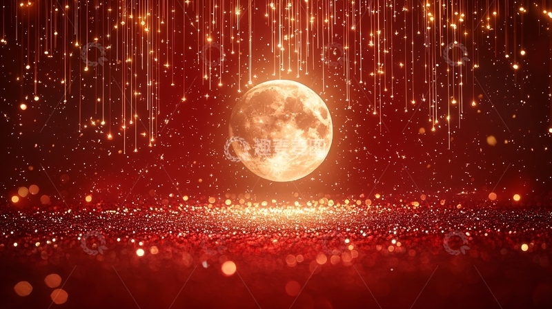 高清大图下载【趣麦麦图】红色背景满月金光
