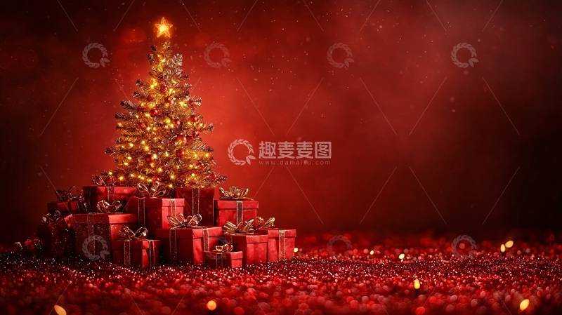 高清大图下载【趣麦麦图】红背景圣诞树与礼物堆
