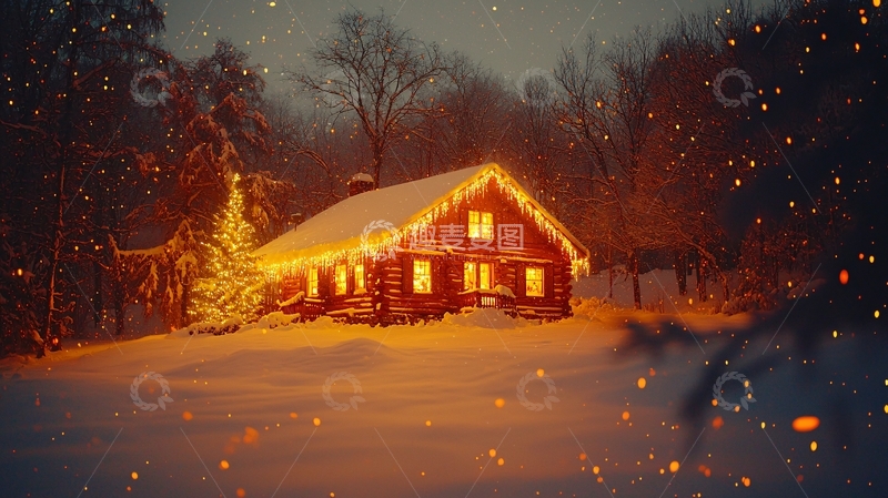 高清大图下载【趣麦麦图】雪夜木屋灯光