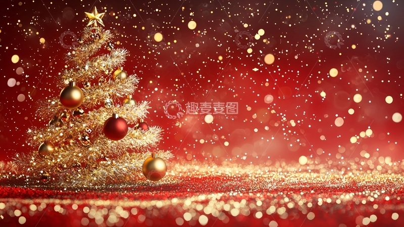 高清大图下载【趣麦麦图】红底金黄圣诞树雪景