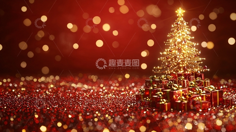 高清大图下载【趣麦麦图】金色圣诞树红背景