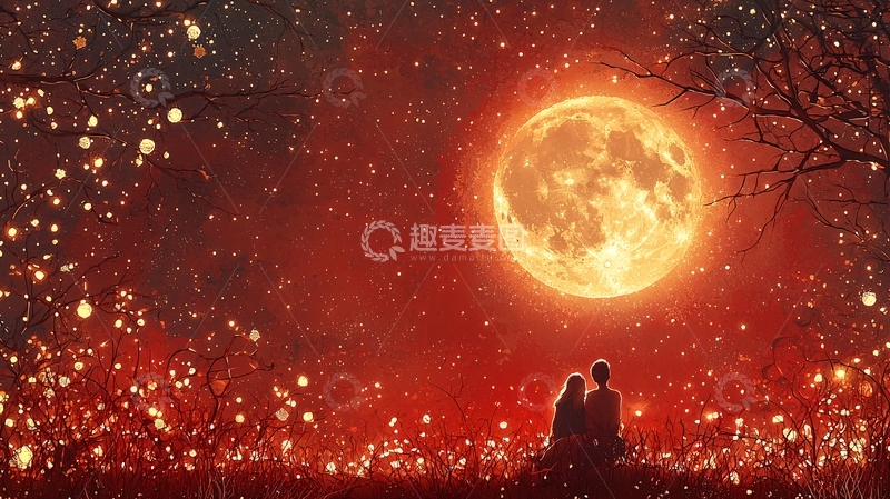 高清大图下载【趣麦麦图】红月亮下恋人剪影