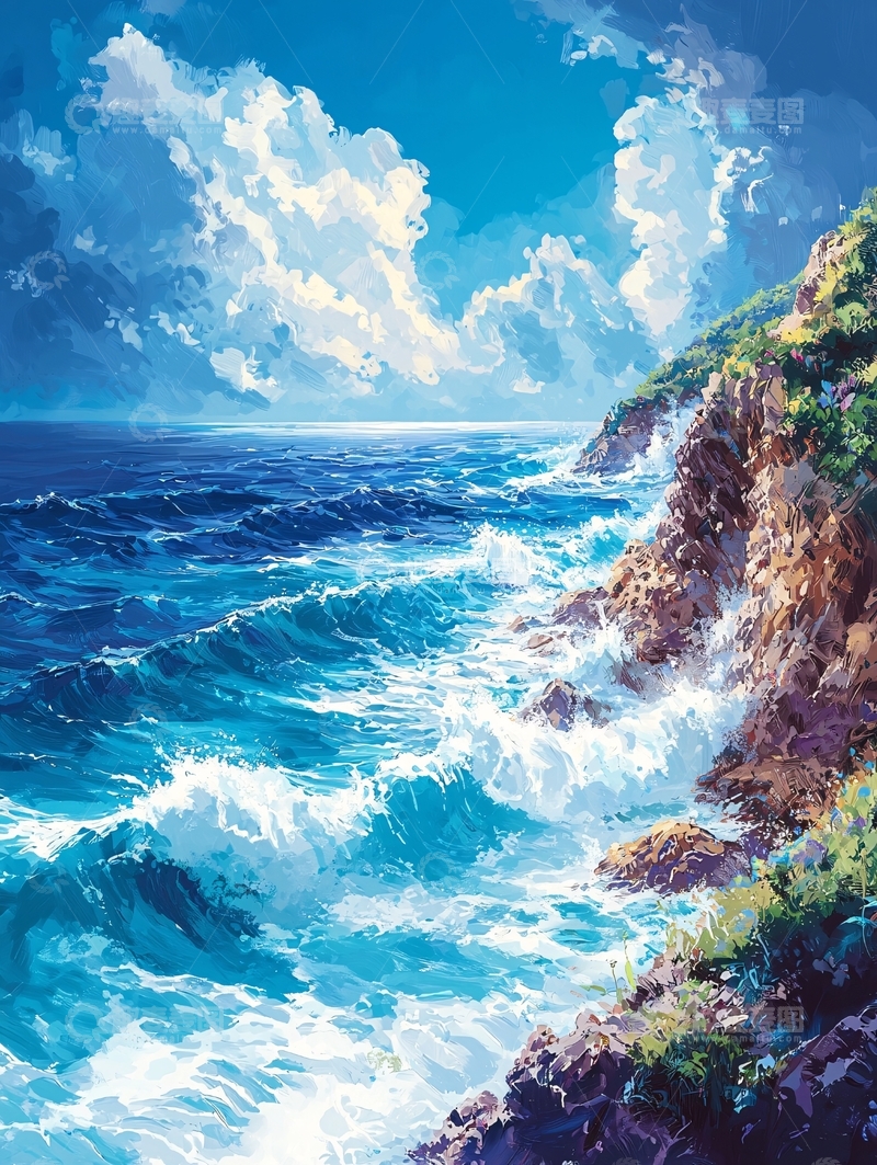 高清大图下载【趣麦麦图】蔚蓝大海与岩石海岸