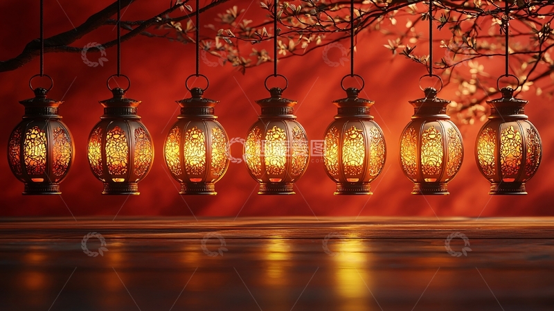 高清大图下载【趣麦麦图】红底悬挂式复古灯笼