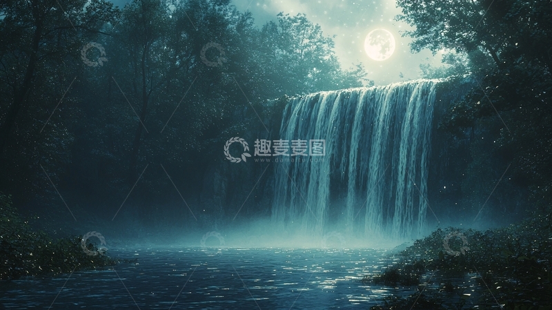 高清大图下载【趣麦麦图】月光下的森林瀑布