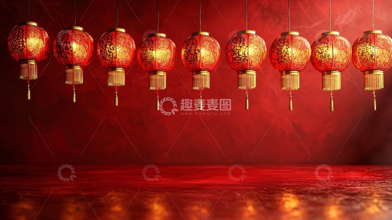 高清大图下载【趣麦麦图】红墙背景下悬挂的中国灯笼