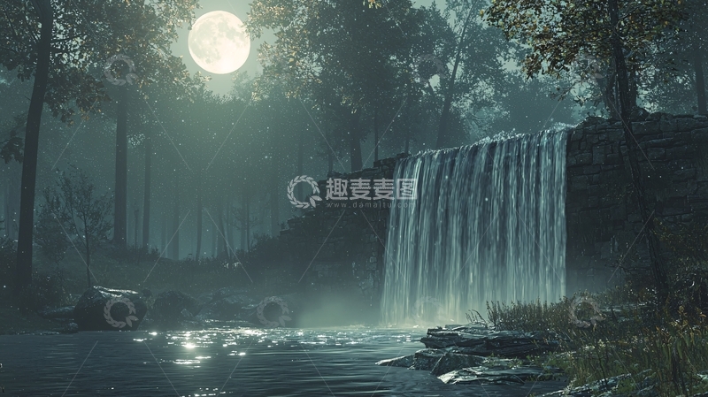 高清大图下载【趣麦麦图】月光下的森林瀑布