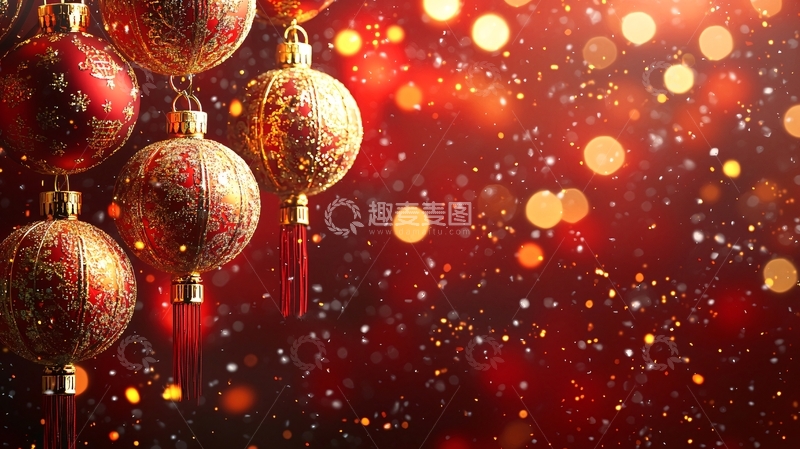 高清大图下载【趣麦麦图】红色背景上的金色圣诞球