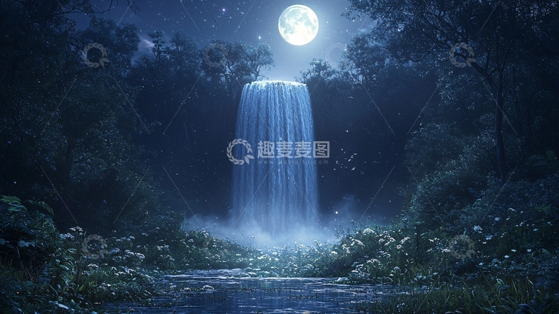 高清大图下载【趣麦麦图】月光下的瀑布