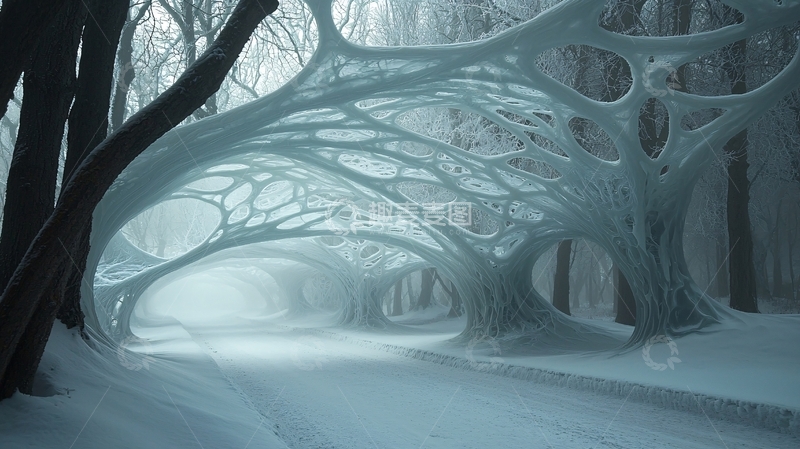 高清大图下载【趣麦麦图】冰雪覆盖的奇幻树林道路