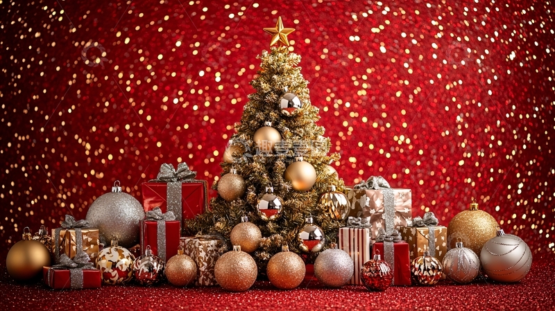 高清大图下载【趣麦麦图】红色背景圣诞树礼物