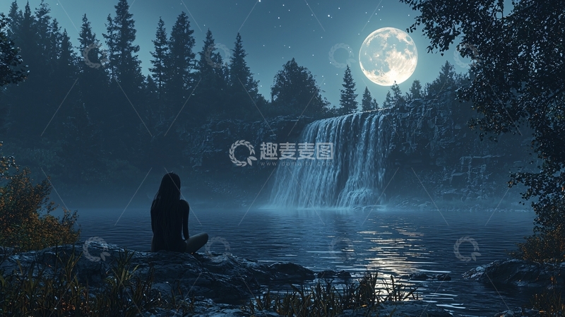 高清大图下载【趣麦麦图】月光下的瀑布