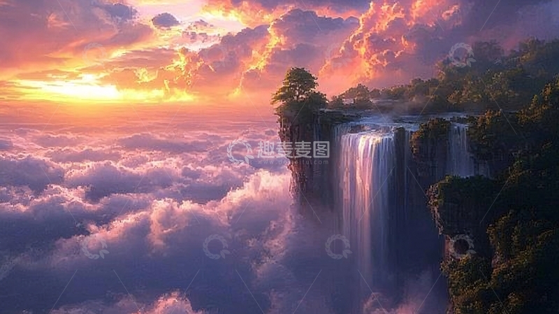高清大图下载【趣麦麦图】悬崖瀑布云海日落美景