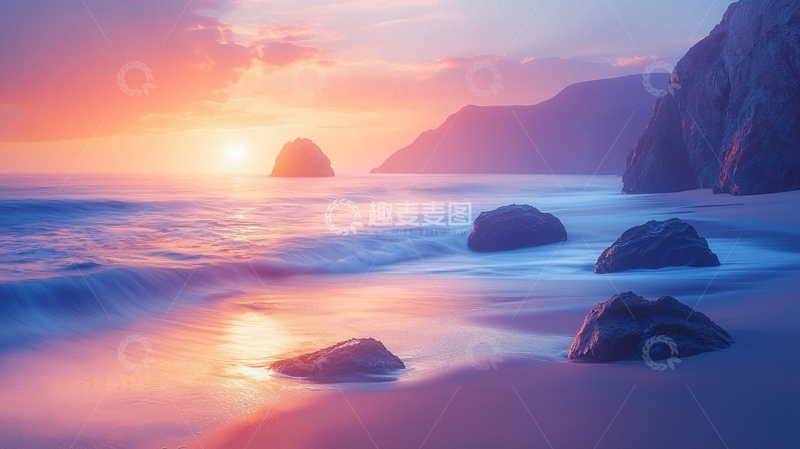 高清大图下载【趣麦麦图】梦幻般日落海滩景色