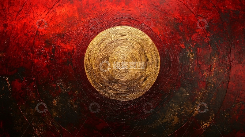 高清大图下载【趣麦麦图】红色背景金色圆形抽象画