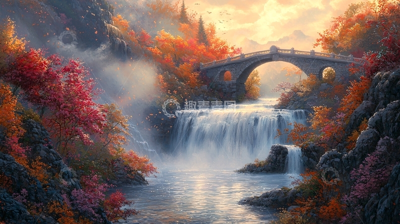 高清大图下载【趣麦麦图】秋日瀑布古桥风景画