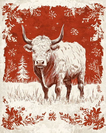 红色背景手绘牛