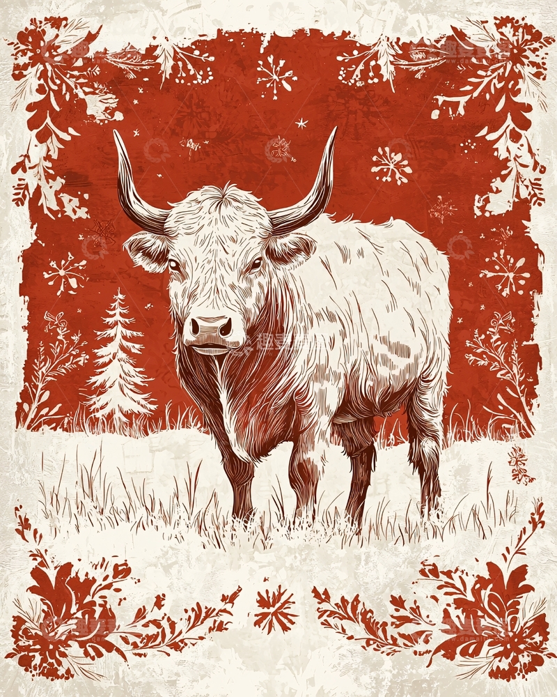 高清大图下载【趣麦麦图】红色背景手绘牛