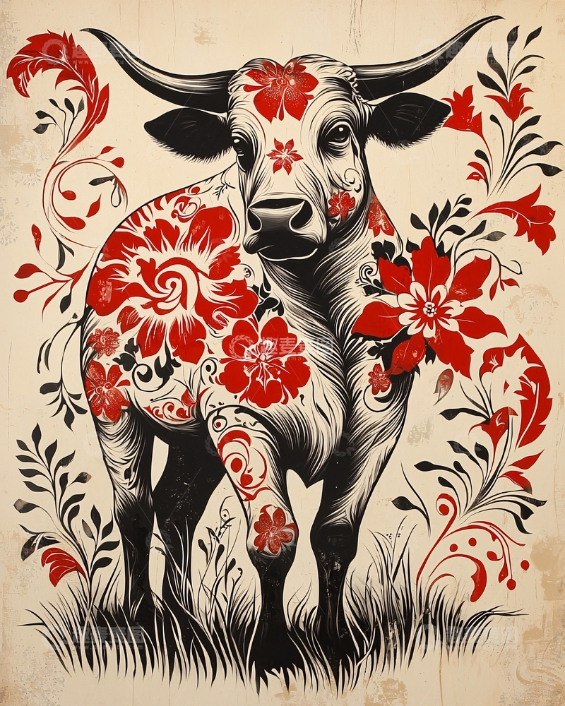 高清大图下载【趣麦麦图】红花牛图案