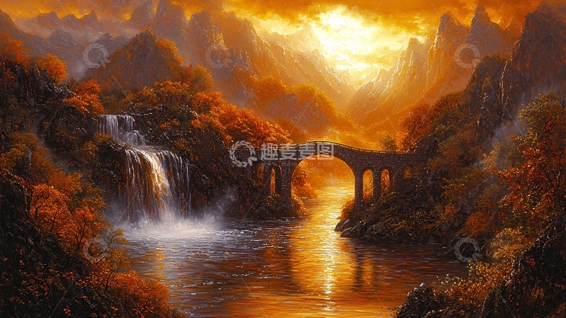 高清大图下载【趣麦麦图】秋日山谷石桥瀑布