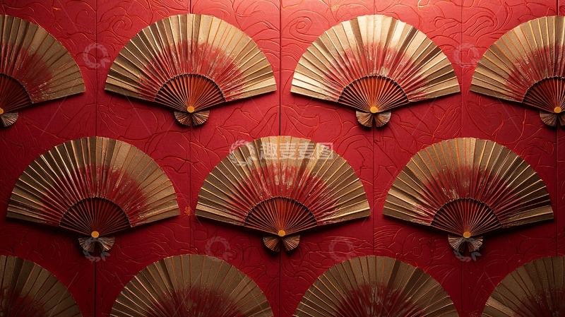 高清大图下载【趣麦麦图】红底金色扇子墙