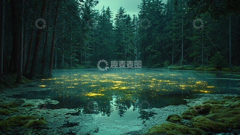高清大图下载【趣麦麦图】萤火虫水塘森林夜景