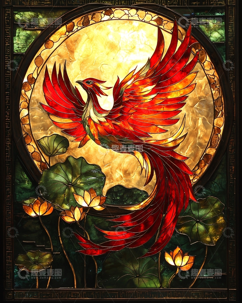 高清大图下载【趣麦麦图】红凤凰彩色玻璃窗