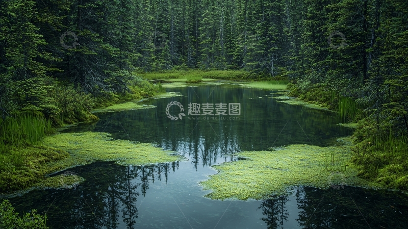 高清大图下载【趣麦麦图】森林中的静谧湖泊