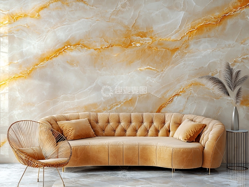 高清大图下载【趣麦麦图】金色纹理大理石背景上的沙发