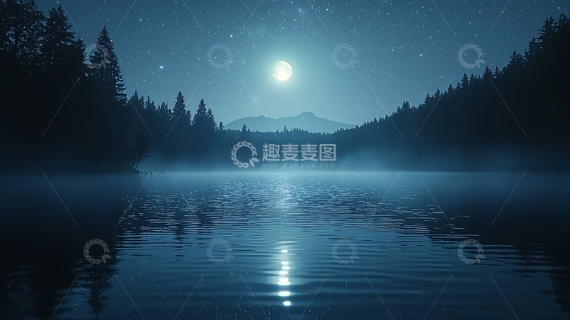 高清大图下载【趣麦麦图】月夜森林湖泊