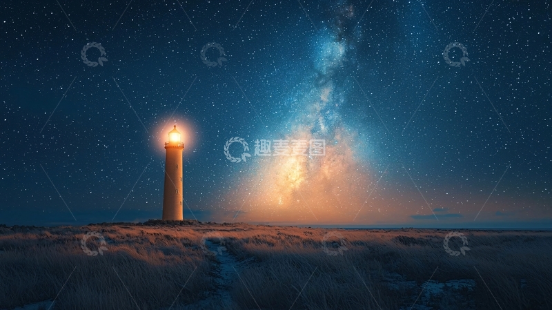 高清大图下载【趣麦麦图】夜晚灯塔银河星空