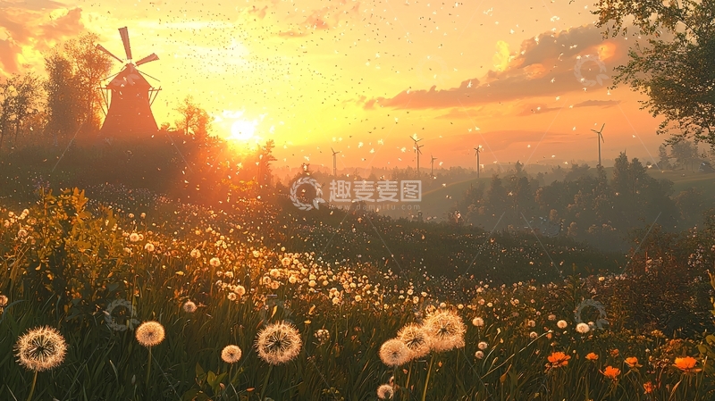 高清大图下载【趣麦麦图】夕阳下的风车与蒲公英田野