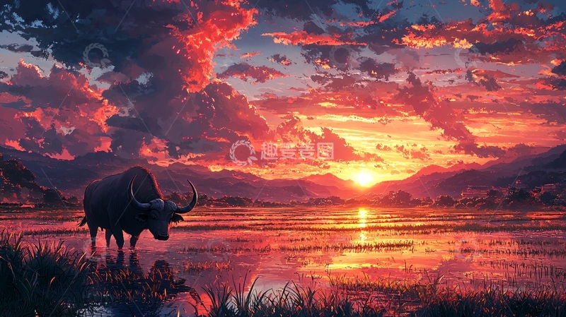 高清大图下载【趣麦麦图】水牛夕阳剪影