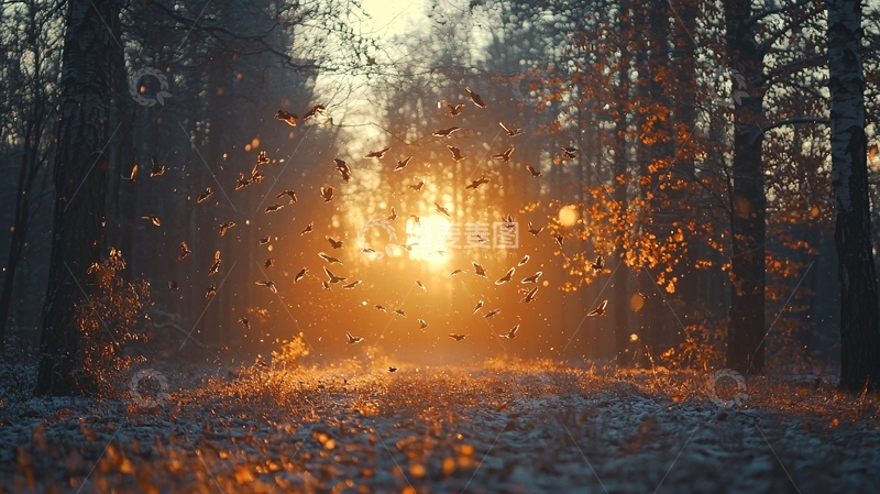 高清大图下载【趣麦麦图】夕阳森林落叶飞舞