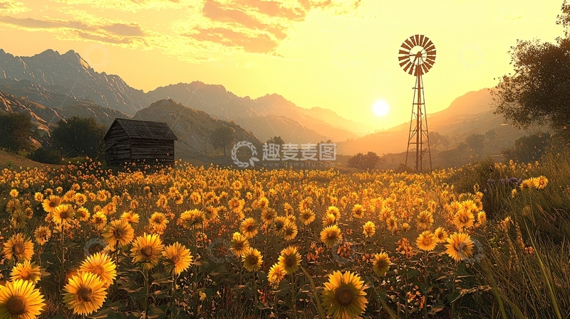 高清大图下载【趣麦麦图】夕阳下的向日葵田