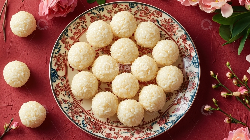 高清大图下载【趣麦麦图】-红盘中白色椰蓉球
