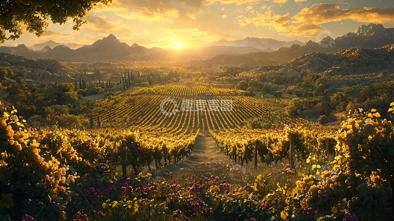 高清大图下载【趣麦麦图】夕阳下金色的葡萄园