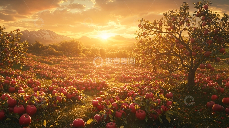 高清大图下载【趣麦麦图】落日余晖下的苹果园