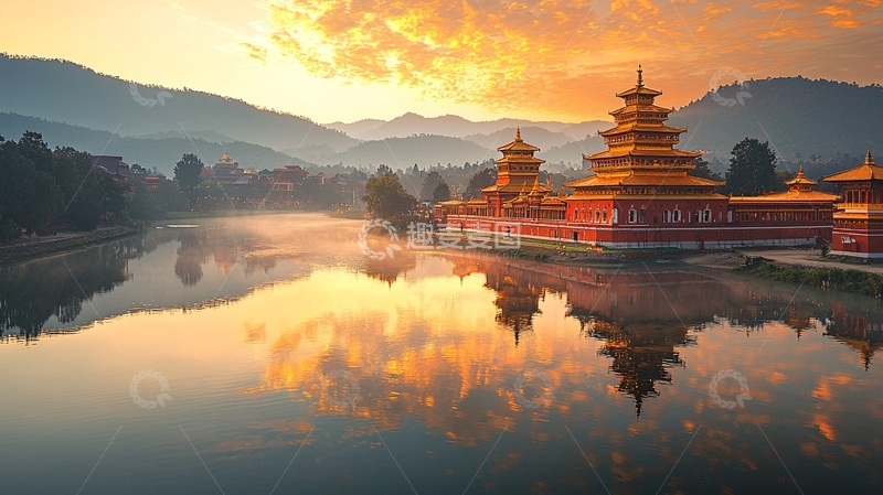 高清大图下载【趣麦麦图】日出时分宁静湖泊寺庙倒影